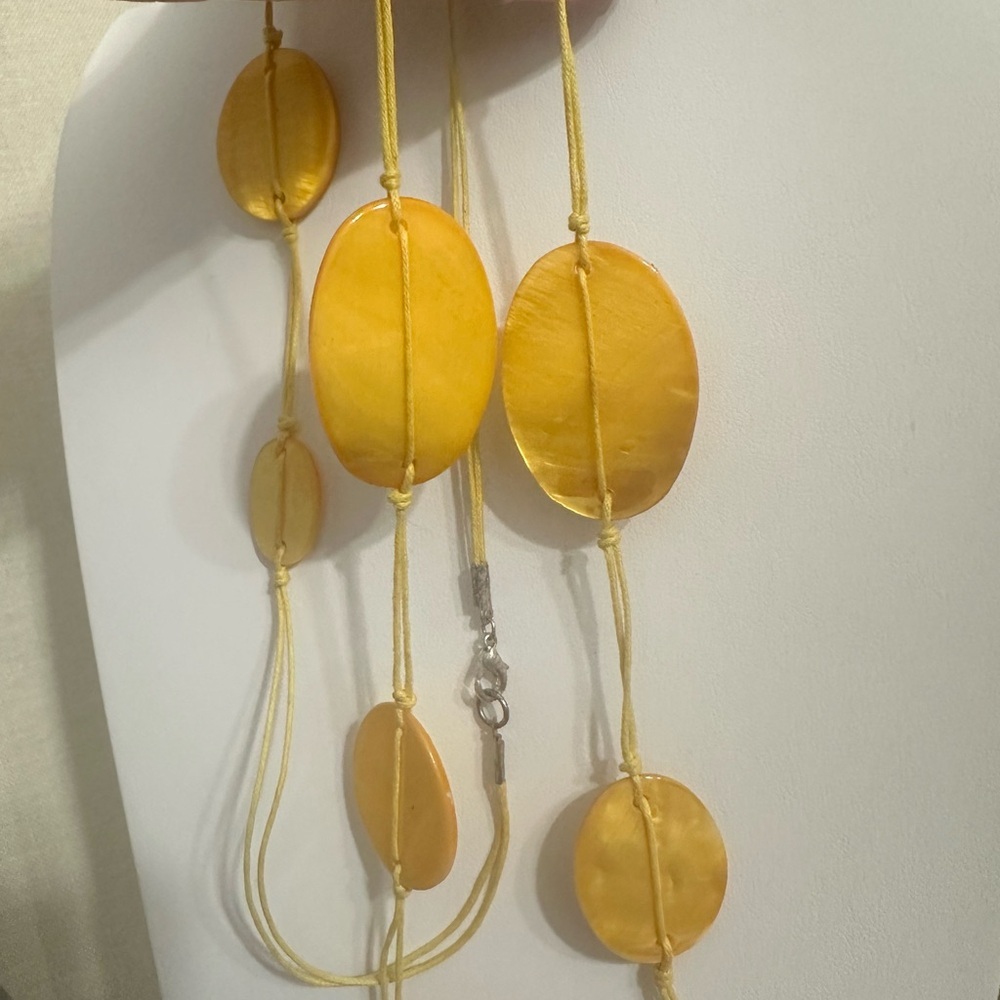 Boho Yellow Shell Disc Necklace | Long Knotted Cord Statement - Picture 5 of 6